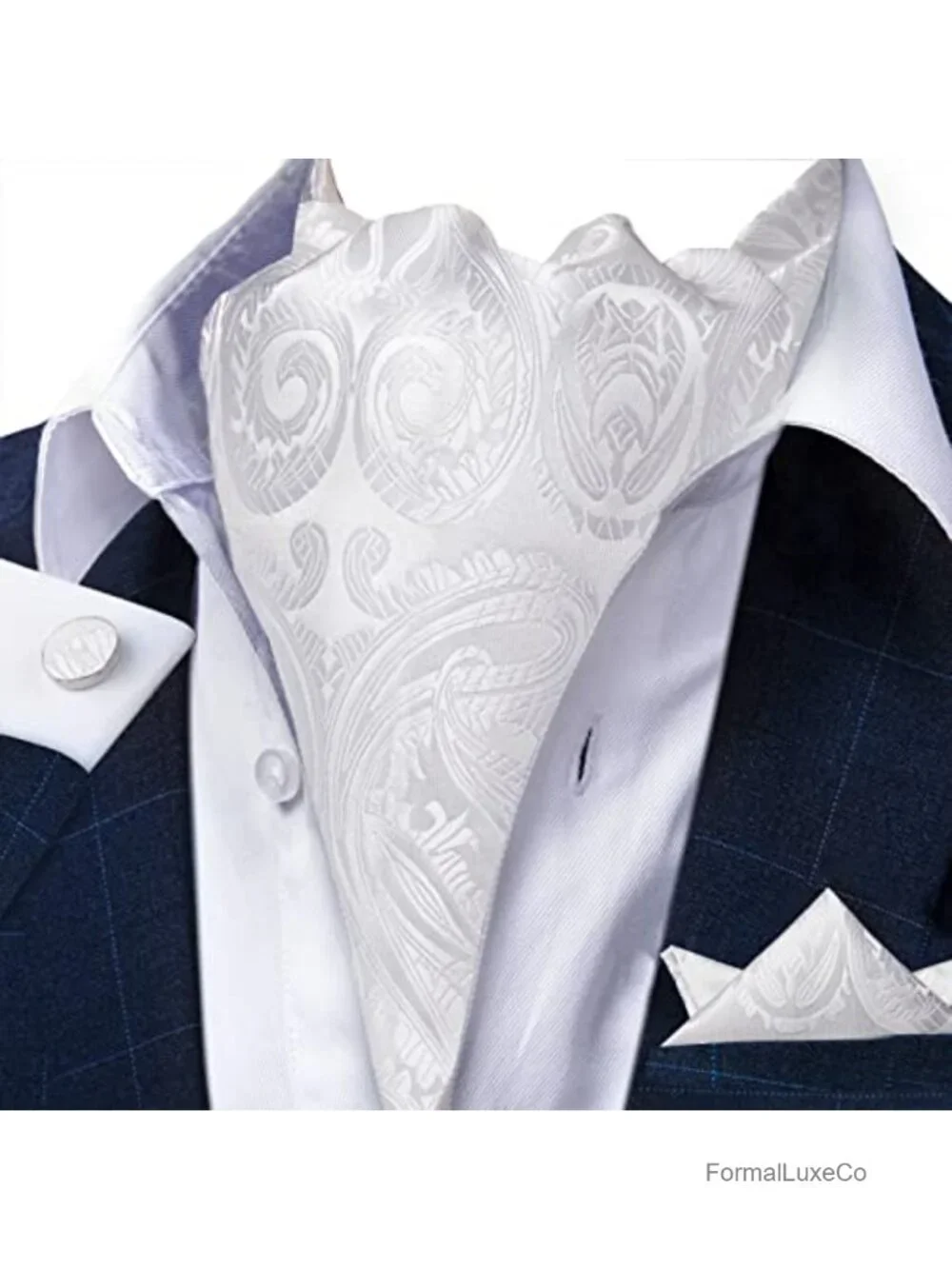 Silk Ascot Tie Set with Pocket Square, Cufflinks & Tie Ring for Men - Wedding